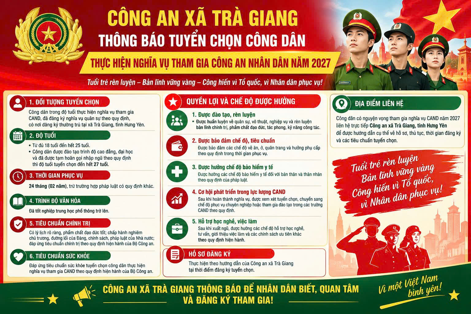 Công an xã Trà Giang thông báo tuyển chọn công dân thực hiện nghĩa vụ tham gia Công an nhân dân năm 2027